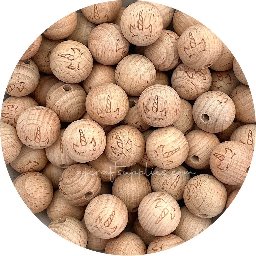 Beech Wood Engraved Beads (Unicorn) - 20mm Round - 5 beads