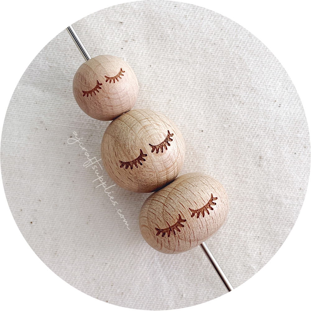 Beech Wood Engraved Beads (EYELASHES) - CHOOSE A SIZE - 5 beads