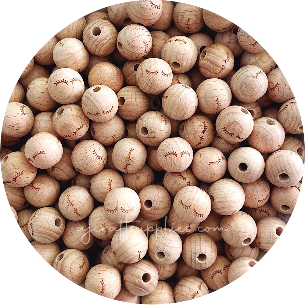Beech Wood Engraved Beads (EYELASHES) - CHOOSE A SIZE - 5 beads