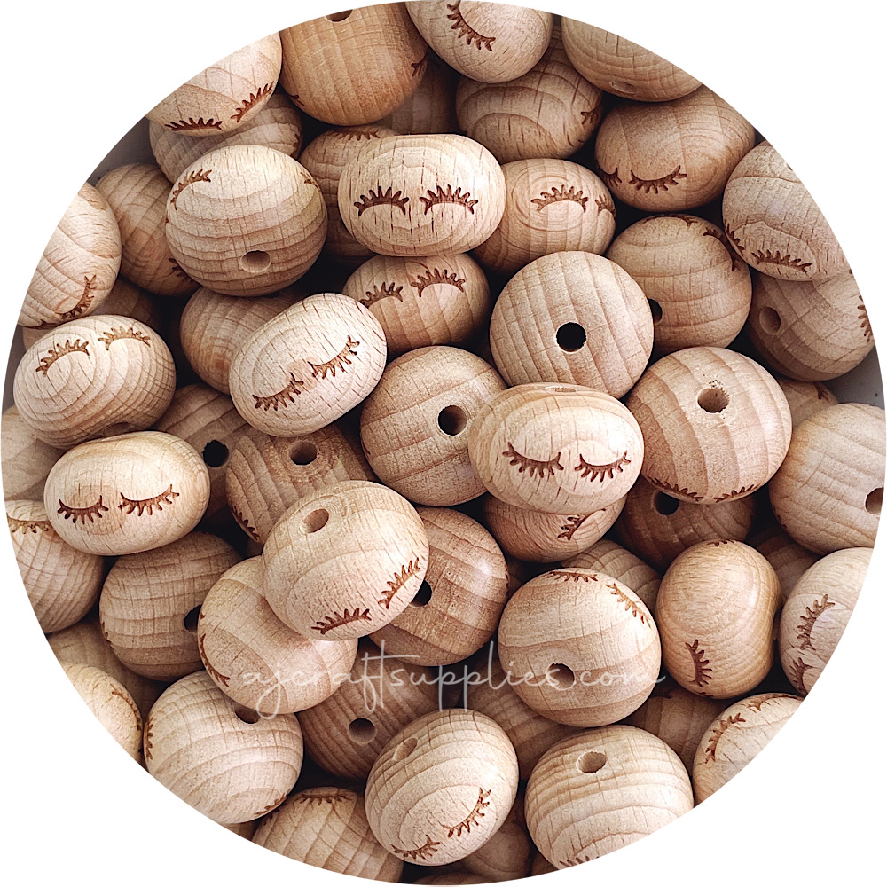 Beech Wood Engraved Beads (EYELASHES) - CHOOSE A SIZE - 5 beads
