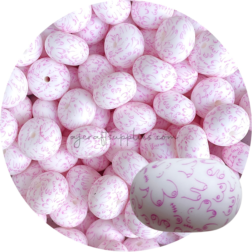 Pink Love your Boobs Print - 22mm Abacus Silicone Beads - 5 beads