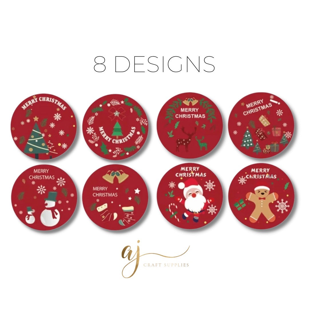2.5cm Merry Christmas Stickers - Red - 50 stickers (8 Designs)