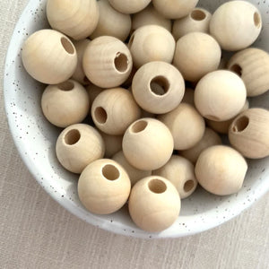 Large Hole Natural Wood Beads - 30mm Round - 5 Beads