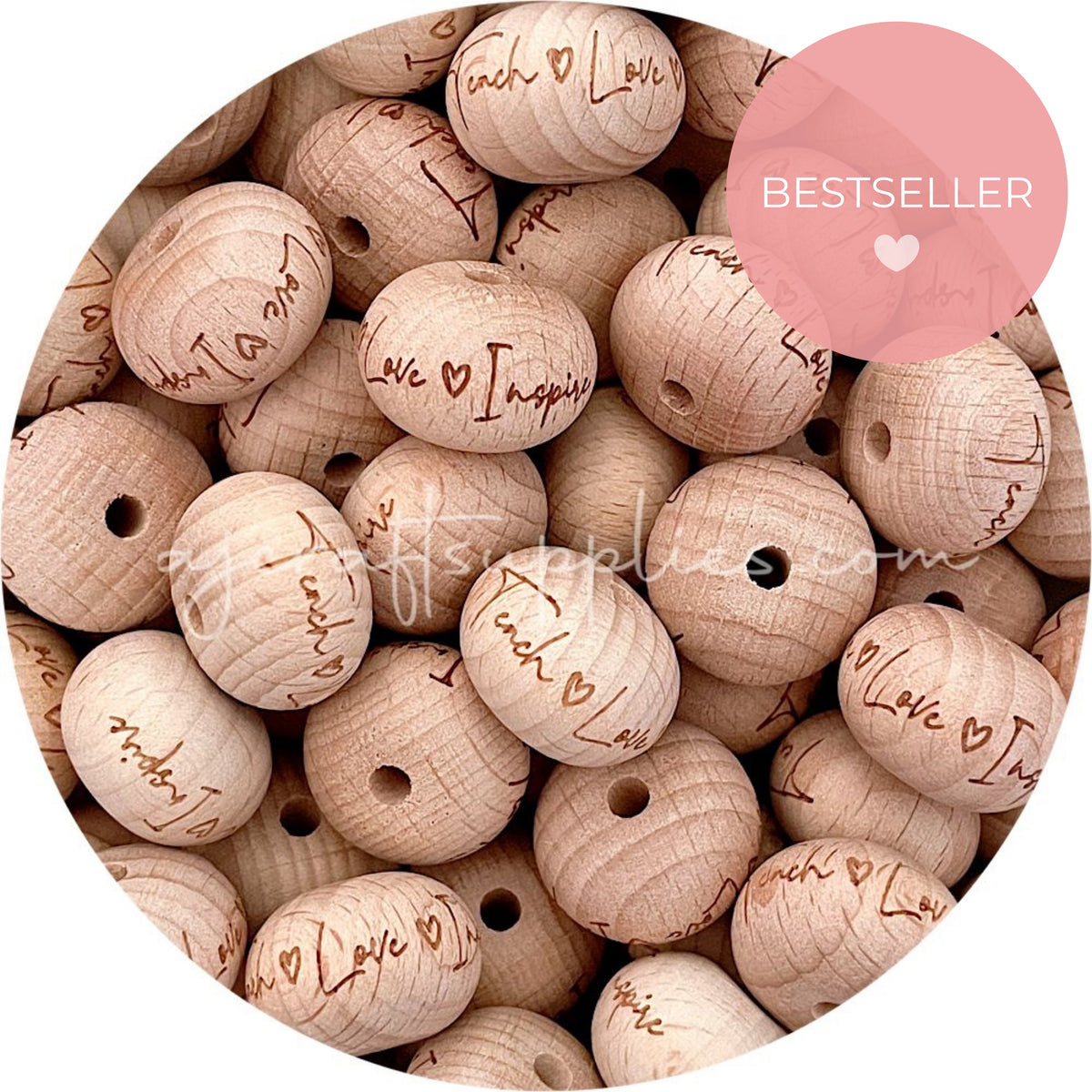 Beech Wood Engraved Beads (Teach Love Inspire) - 22mm abacus - 5 Beads
