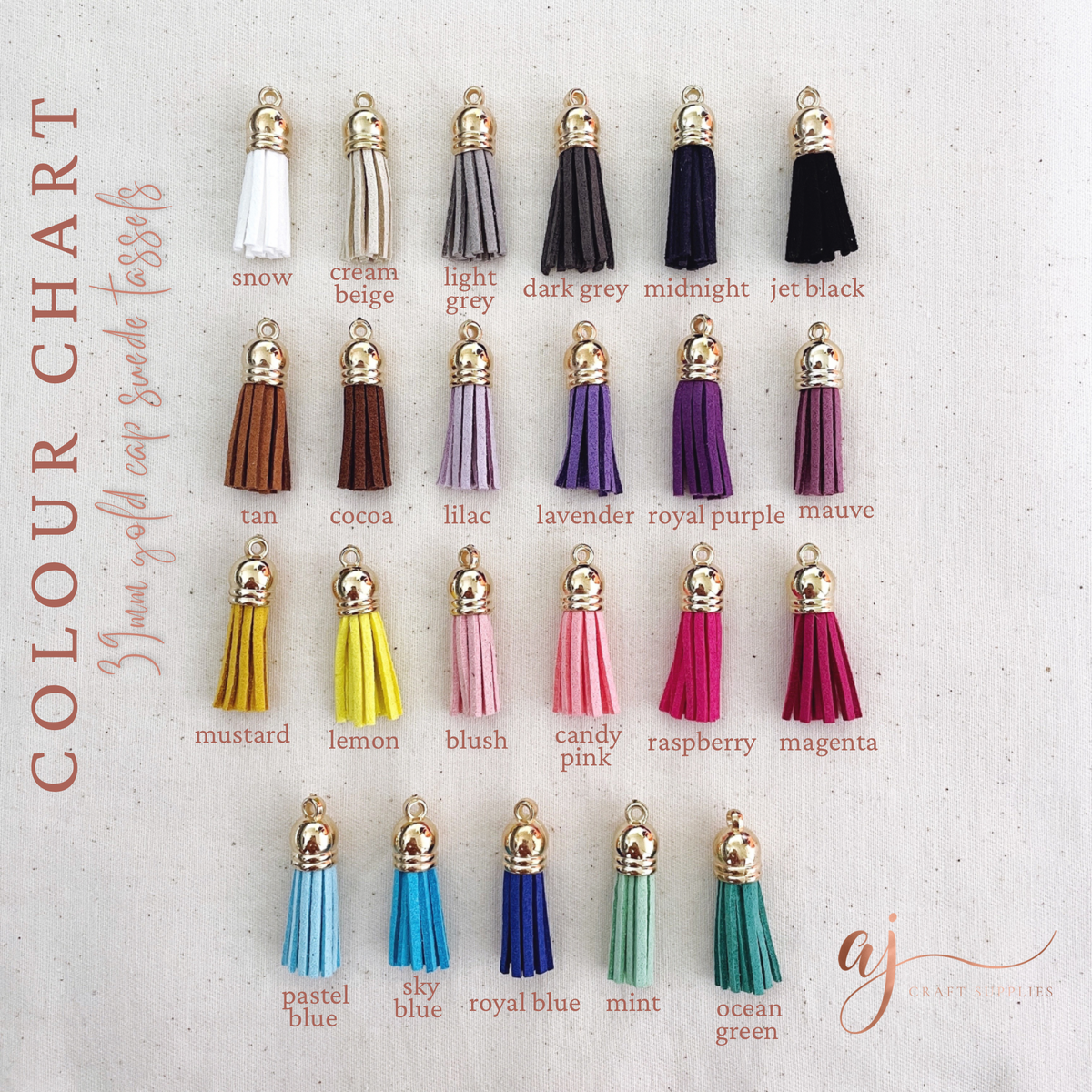 39mm Suede Tassels (Gold Cap) - CHOOSE YOUR COLOUR - Each