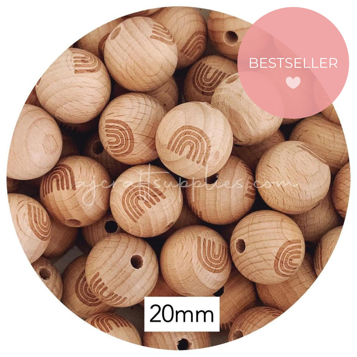 Beech Wood Engraved Beads (RAINBOW ARCH) - CHOOSE A SIZE - 5 beads