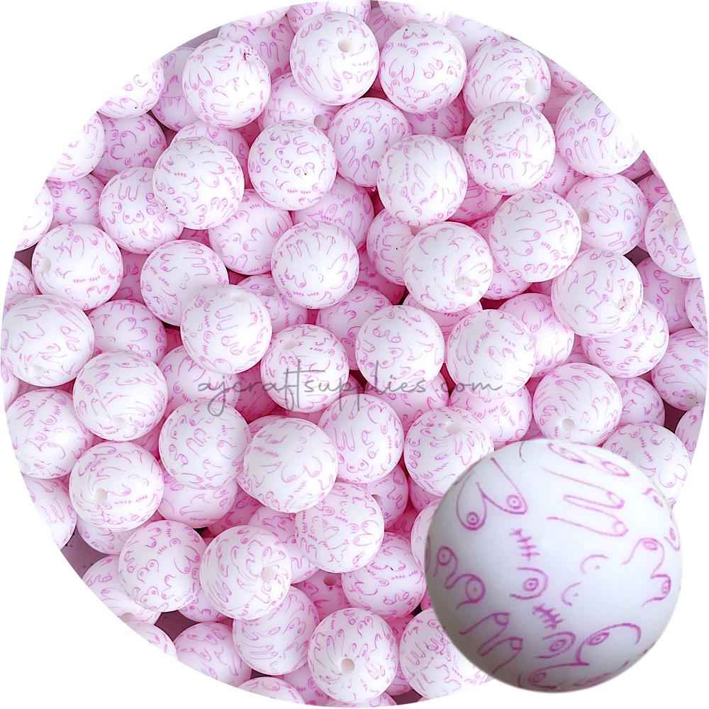 Pink Love your Boobs Print - 15mm Round Silicone Beads - 10 beads