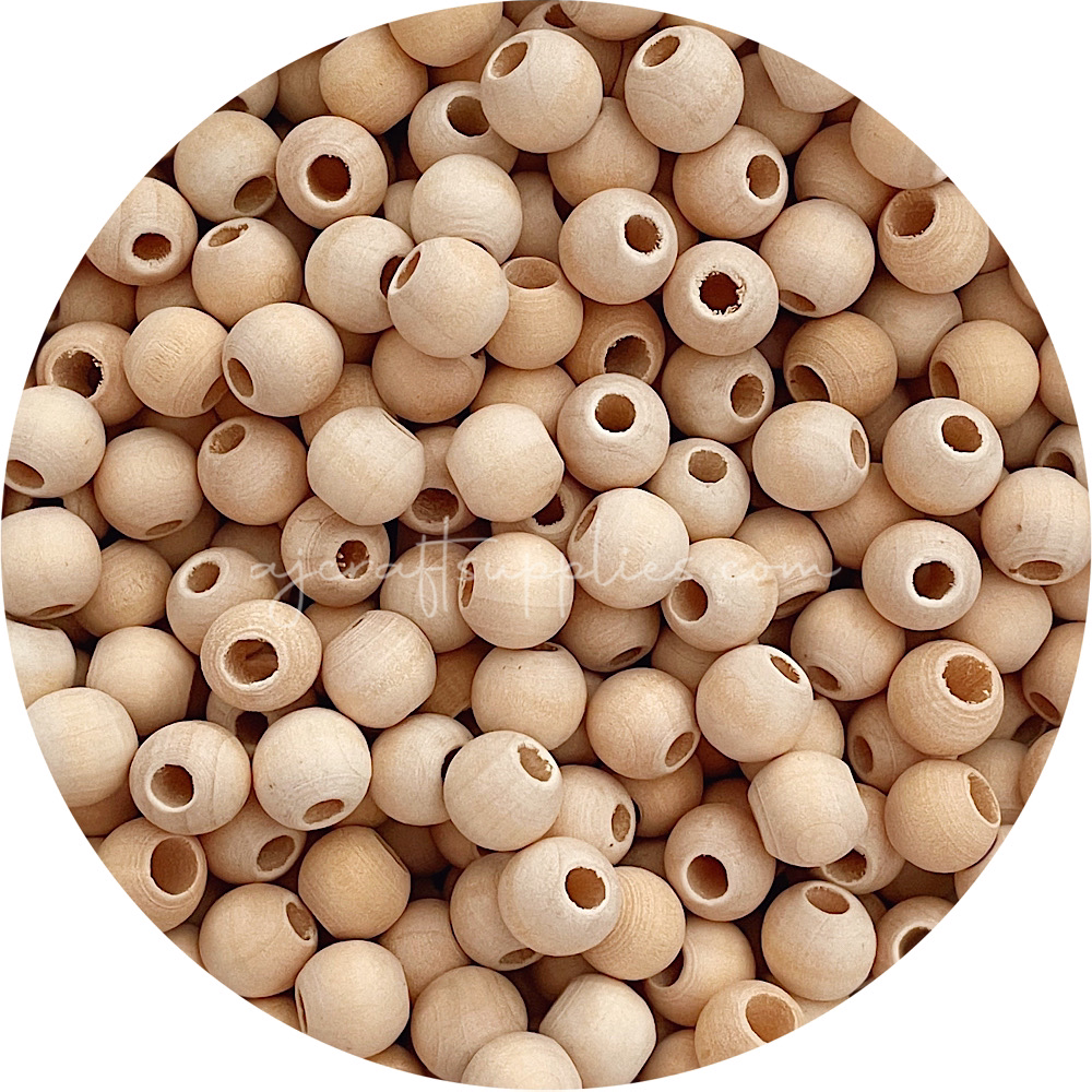 Large Hole Natural Wood Beads - 12mm Round - 5 Beads