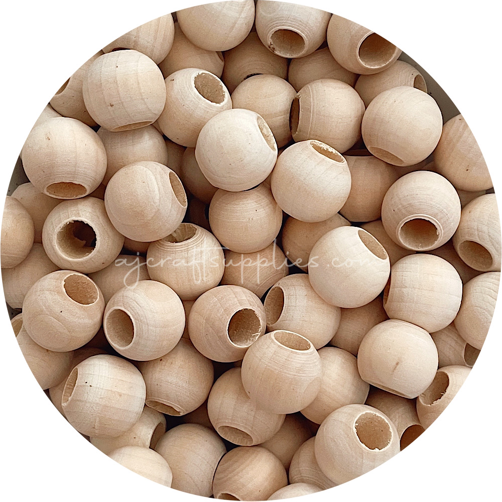 Large Hole Natural Wood Beads - 20mm Round - 5 Beads