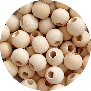 Large Hole Natural Wood Beads - 25mm Round - 5 Beads