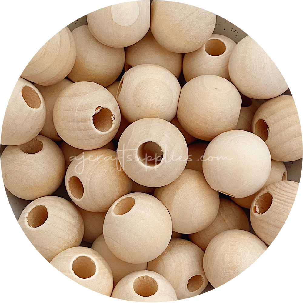 Large Hole Natural Wood Beads - 30mm Round - 5 Beads