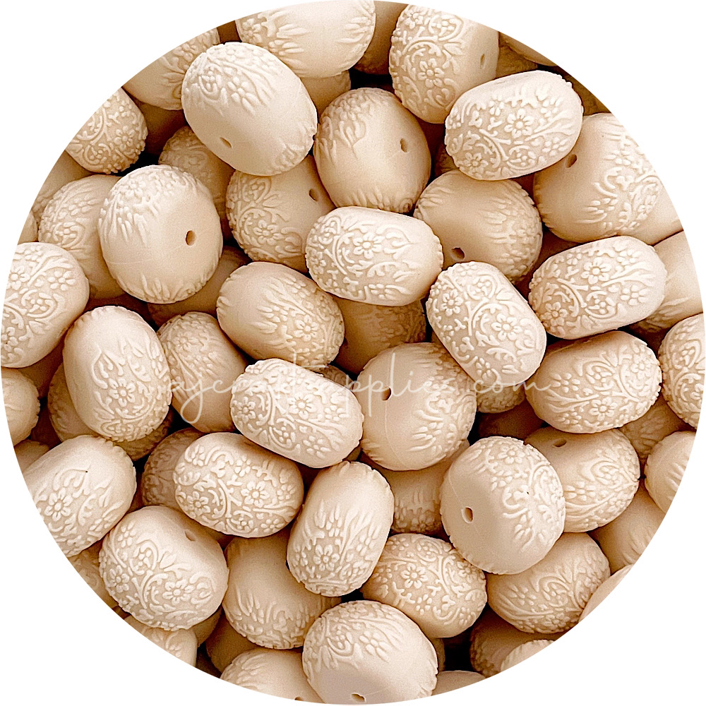 Cream Beige - 22mm abacus (Floral Embossed) Silicone Beads - 5 Beads