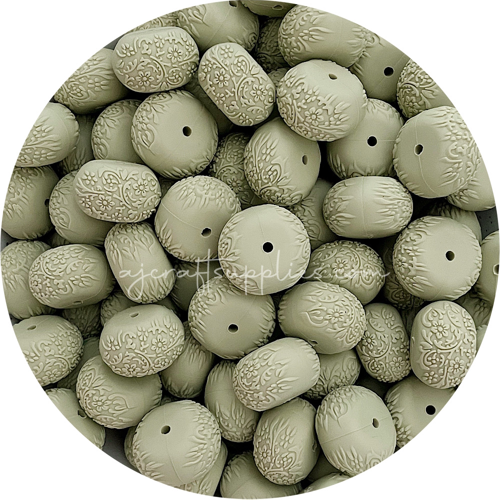 Sage Green - 22mm abacus (Floral Embossed) Silicone Beads - 5 Beads
