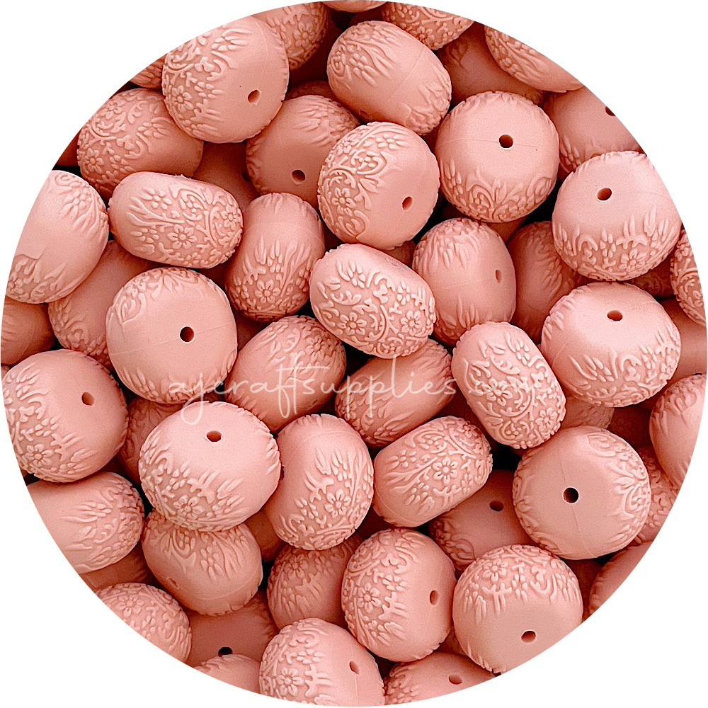 Peach - 22mm abacus (Floral Embossed) Silicone Beads - 5 Beads