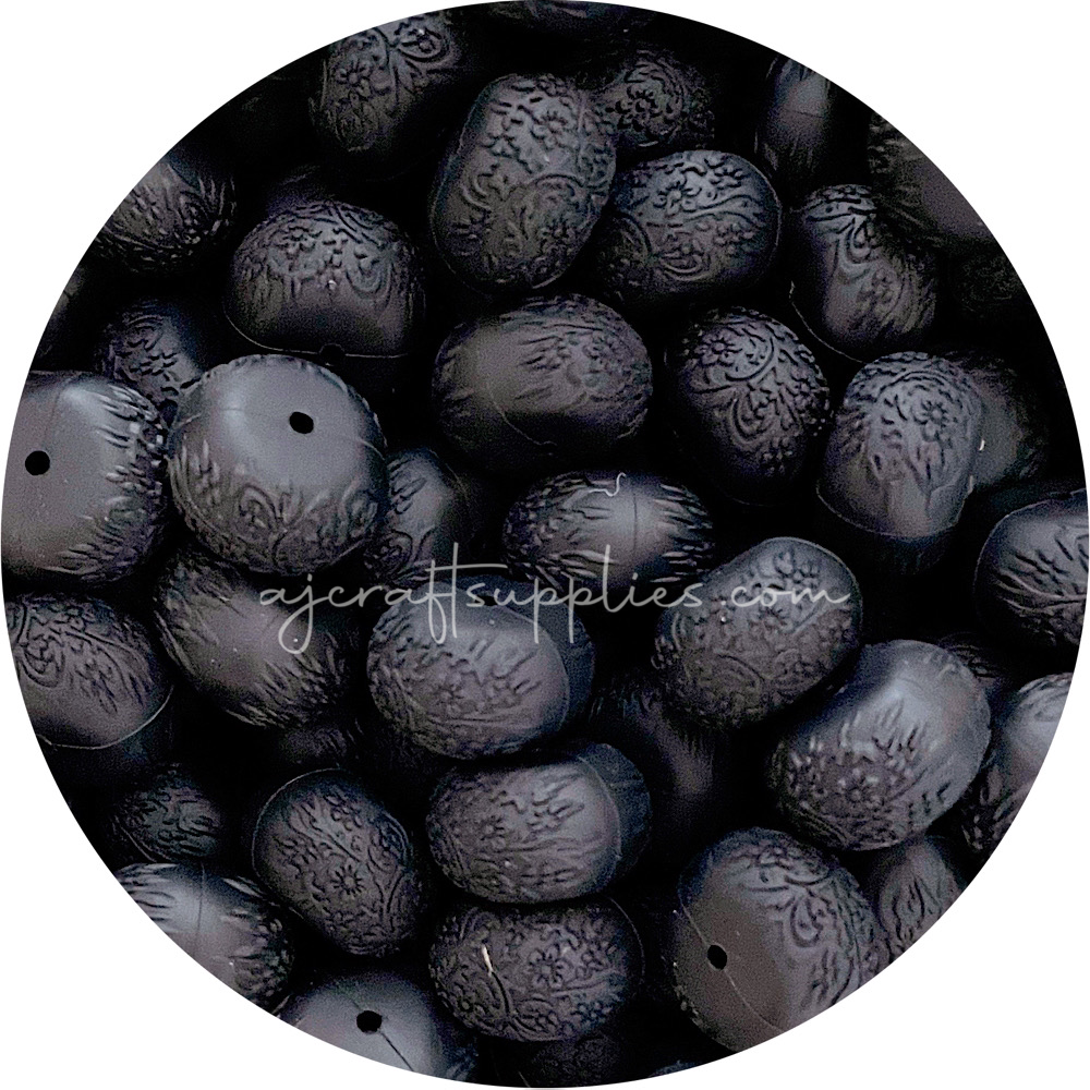 Jet Black - 22mm abacus (Floral Embossed) Silicone Beads - 5 Beads