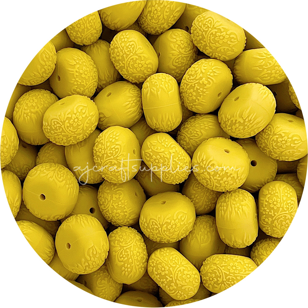 Mustard Yellow - 22mm abacus (Floral Embossed) Silicone Beads - 5 Beads