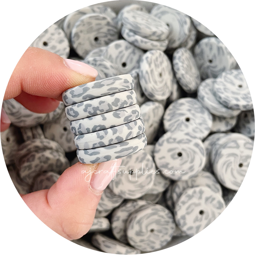 Grey Leopard - 25mm Flat Coin Silicone Beads - 5 beads