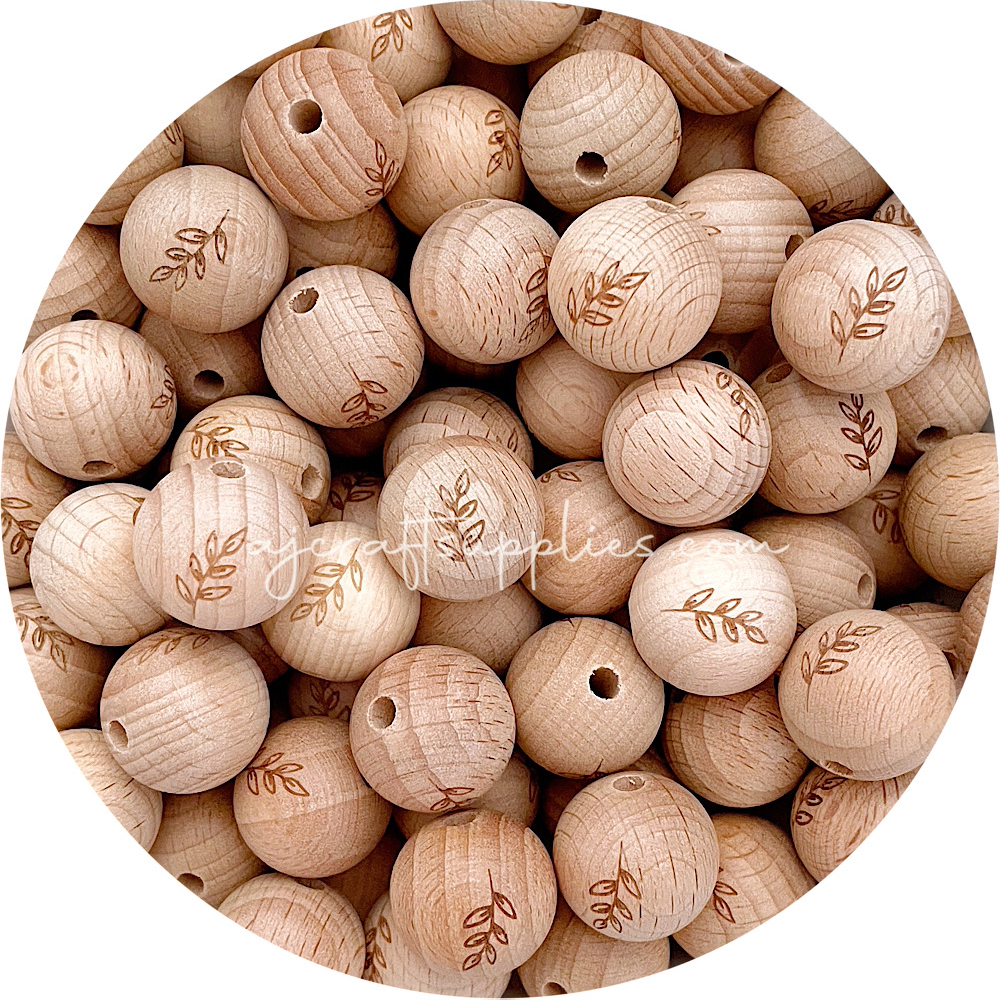 Beech Wood Engraved Beads (FERN LEAF) - CHOOSE A SIZE - 5 beads