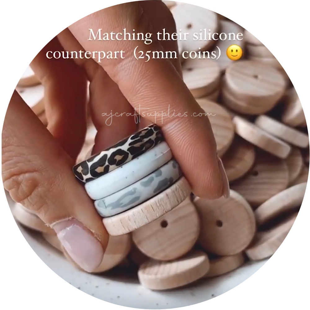 Beech Wood Beads - 25mm Flat Coin - 5 Beads