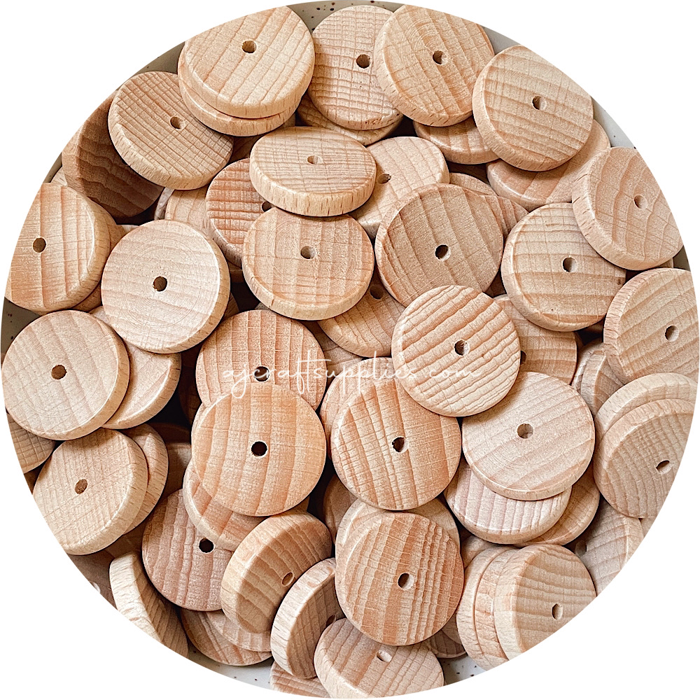 Beech Wood Beads - 25mm Flat Coin - 5 Beads