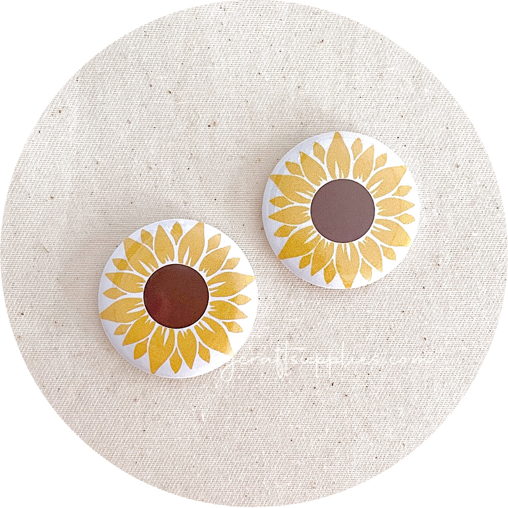 37mm Button Badges (With or Without Pinback) - Large Sunflower - 2 badges