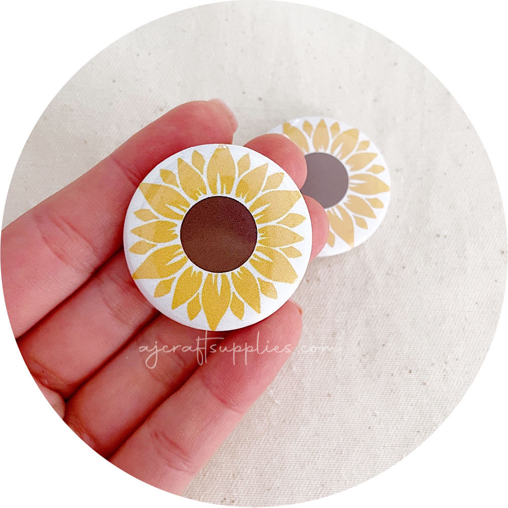 37mm Button Badges (With or Without Pinback) - Large Sunflower - 2 badges