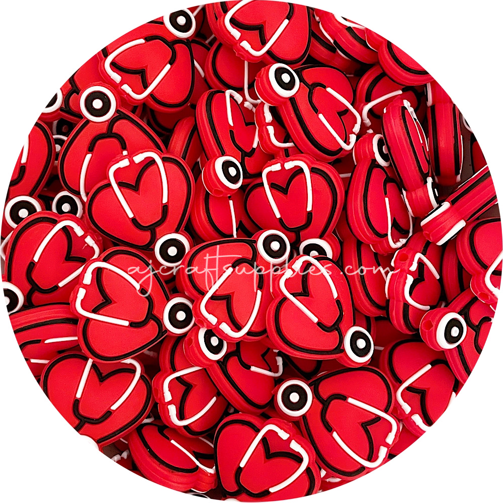 Heart Stethoscope Silicone Beads - Red & Black - 2 Beads