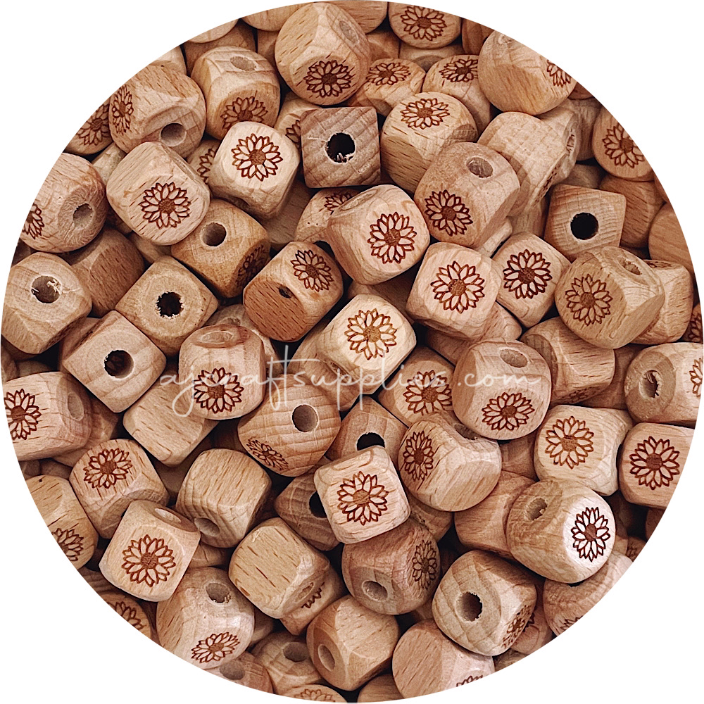 Beech Wood Engraved Cube Beads (Sunflower) - 12mm - 5 beads