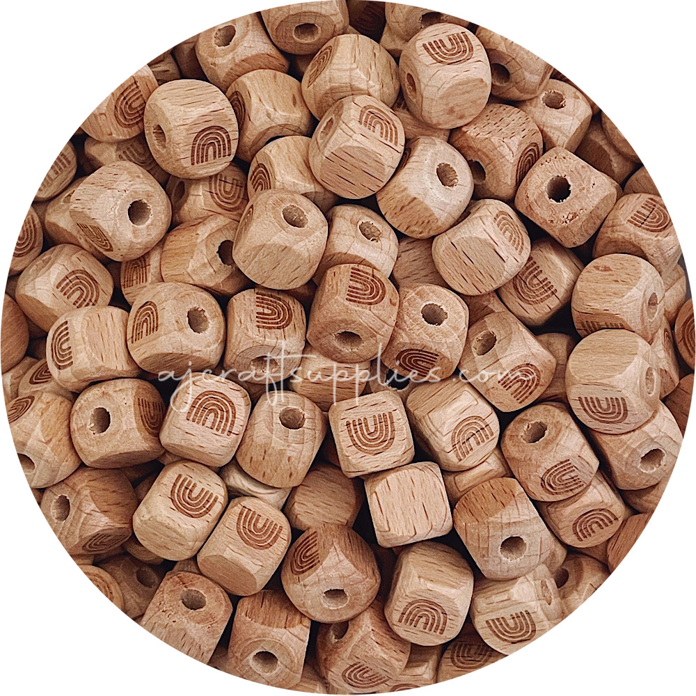 Beech Wood Engraved Cube Beads (Rainbow Arch) - 12mm - 5 beads