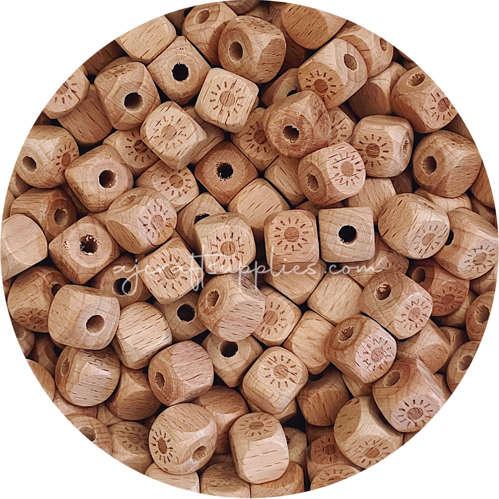 Beech Wood Engraved Cube Beads (Sunshine) - 12mm - 5 beads