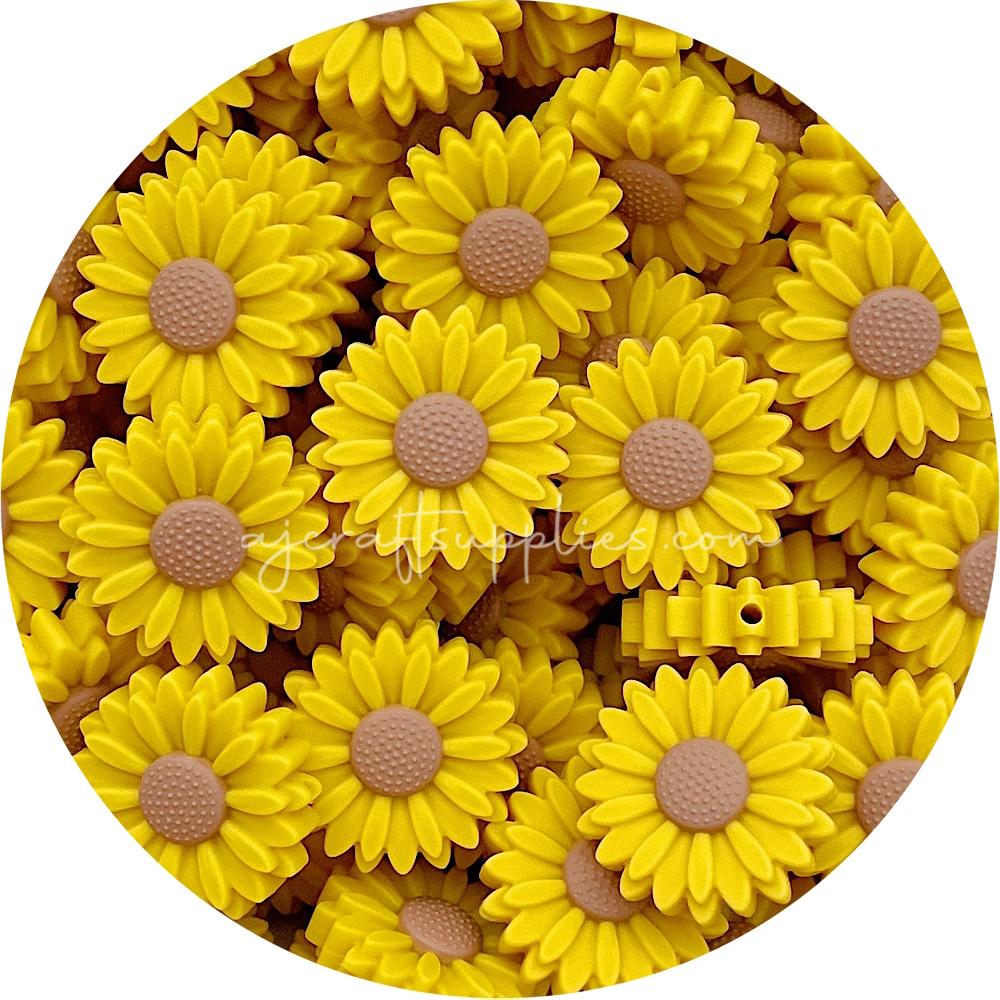 Mustard Yellow - 30mm Large Daisy/Sunflower Silicone Beads - 2 beads