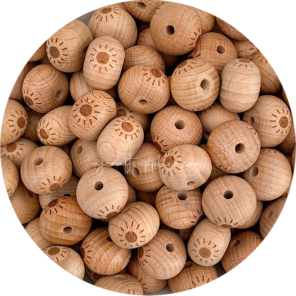 Beech Wood Engraved Beads (SUNSHINE) - CHOOSE A SIZE - 5 beads