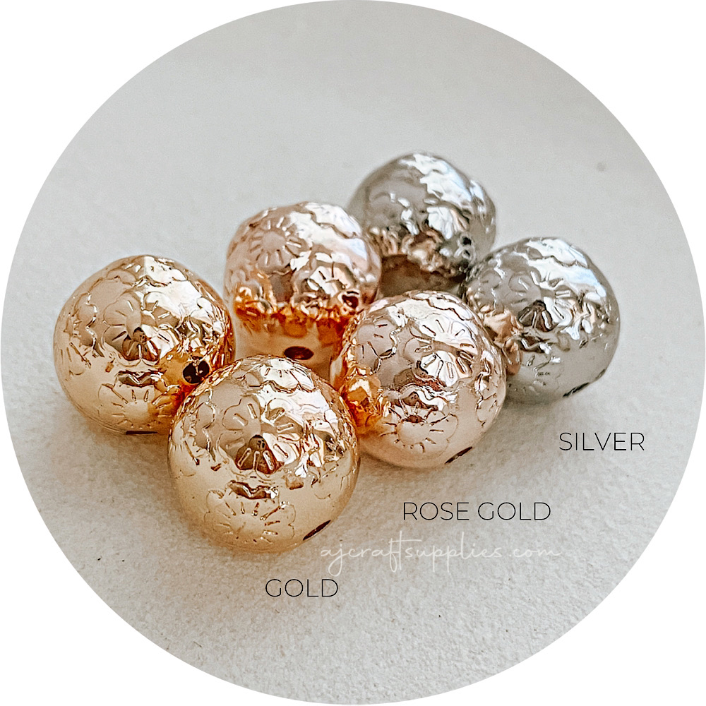 16mm (Floral Embossed) Round Acrylic Beads - CHOOSE YOUR COLOUR - 5 Beads