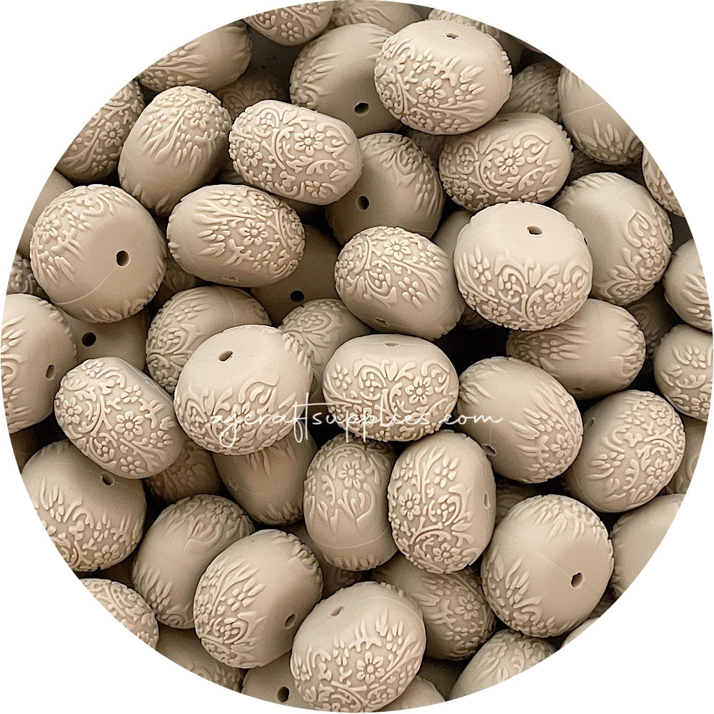 Taupe - 22mm abacus (Floral Embossed) Silicone Beads - 5 Beads