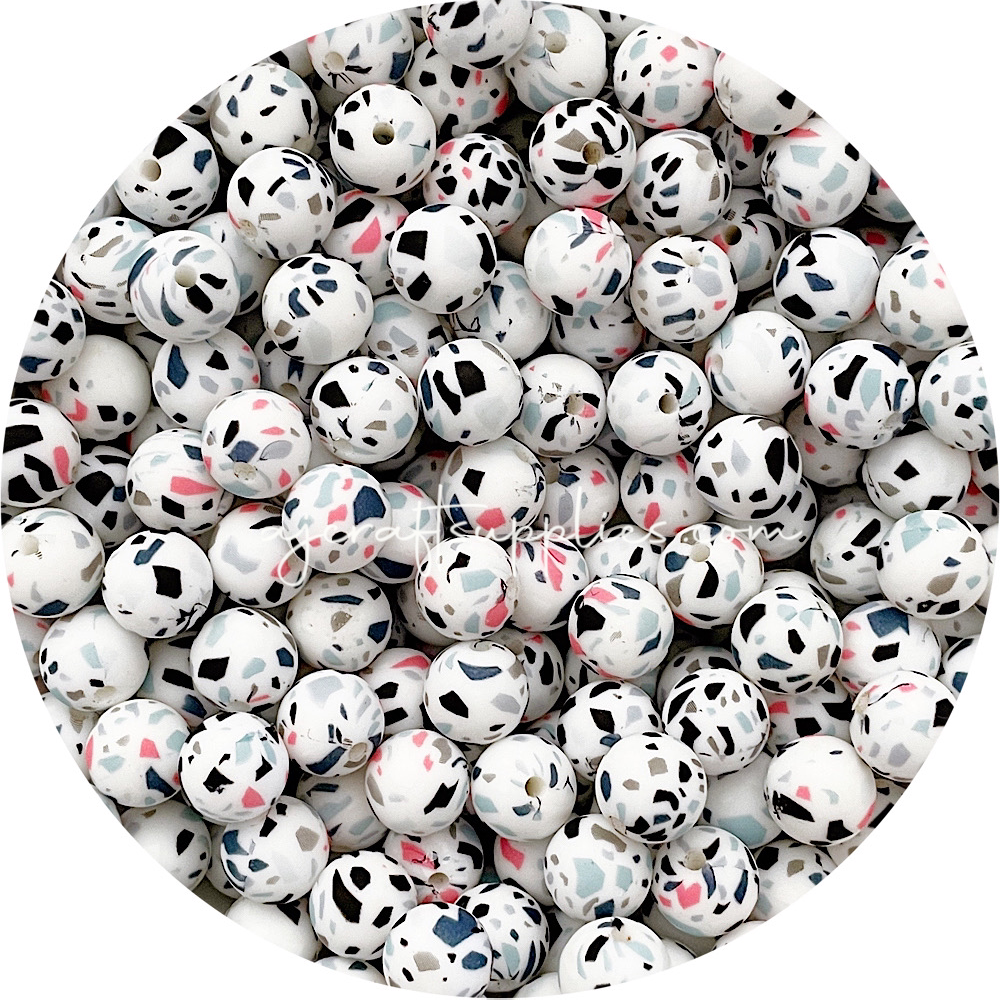 White Terrazzo - 12mm Round Silicone Beads - 10 beads