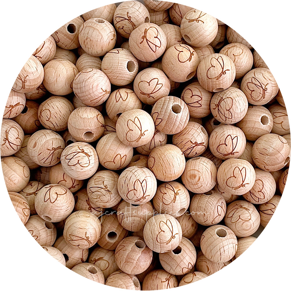 Beech Wood Engraved Beads (BUTTERFLY) - CHOOSE A SIZE - 5 beads