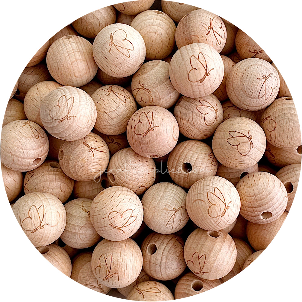 Beech Wood Engraved Beads (BUTTERFLY) - CHOOSE A SIZE - 5 beads