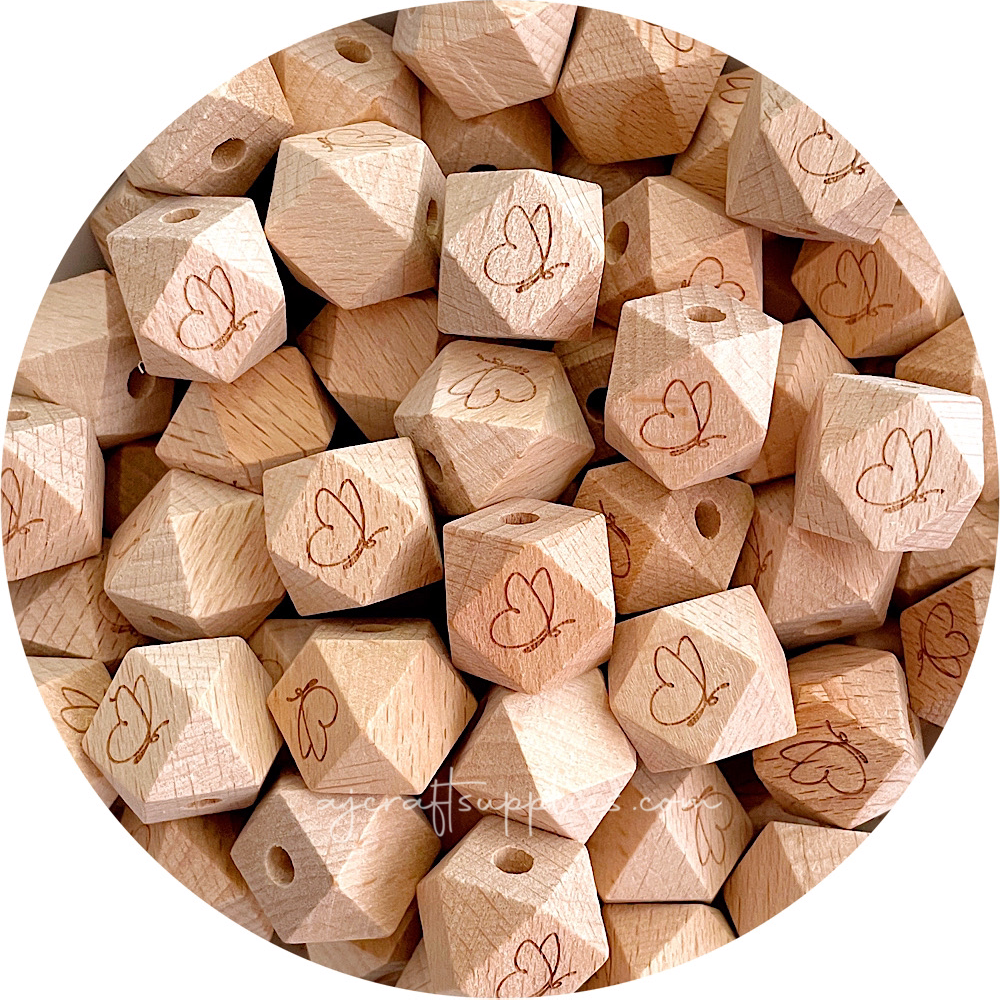 Beech Wood Engraved Beads (BUTTERFLY) - CHOOSE A SIZE - 5 beads