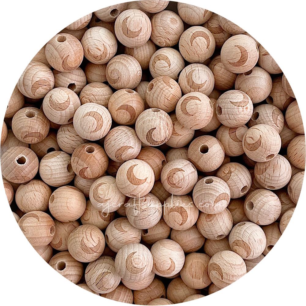 Beech Wood Engraved Beads (CRESCENT MOON) - CHOOSE A SIZE - 5 beads
