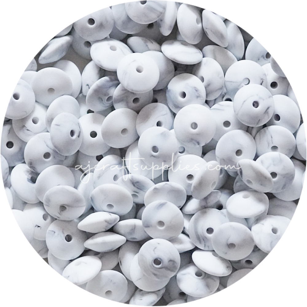 Grey Marble - 15mm Saucer Silicone Beads - Each