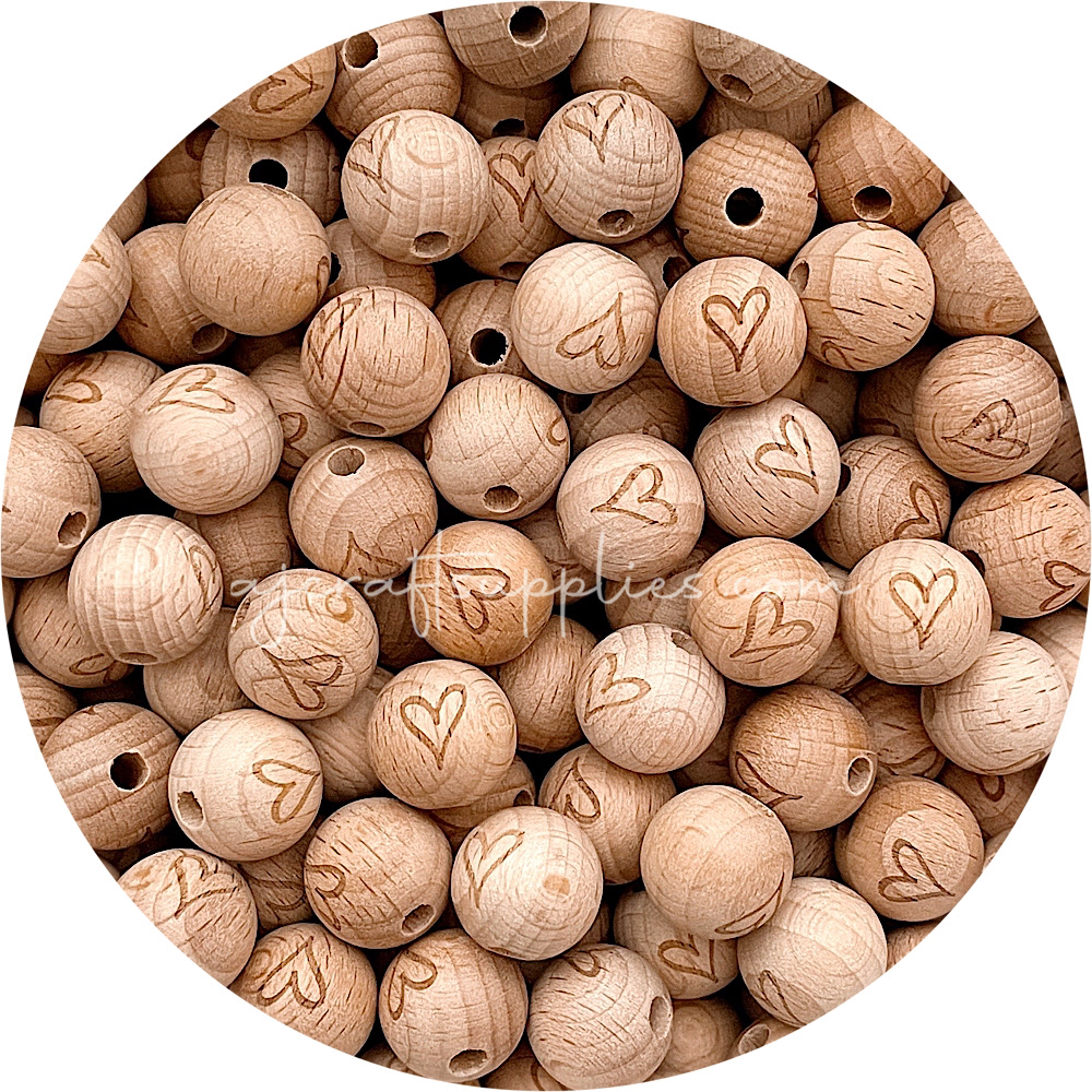 Beech Wood Engraved Beads (Whimsy Love Heart) - 15mm Round - 5 beads