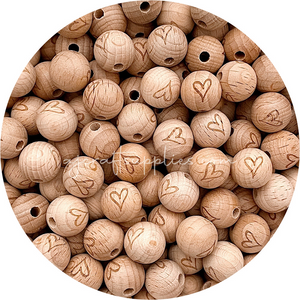 Beech Wood Engraved Beads (Whimsy Love Heart) - 15mm Round - 5  beads