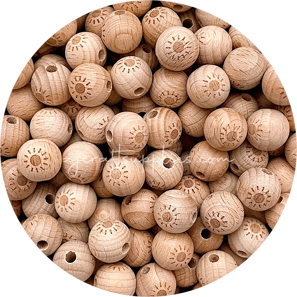 Beech Wood Engraved Beads (SUNSHINE) - CHOOSE A SIZE - 5 beads