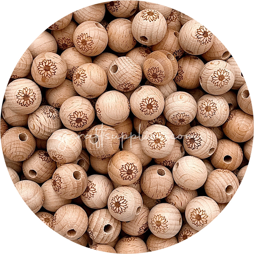 Beech Wood Engraved Beads (SUNFLOWER) - CHOOSE A SIZE - 5 beads