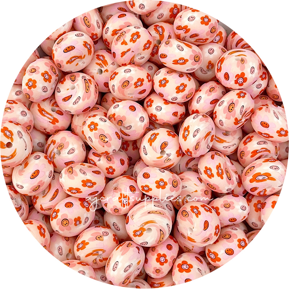 Retro Daisy Print - 19mm Abacus Silicone Beads - 5 Beads