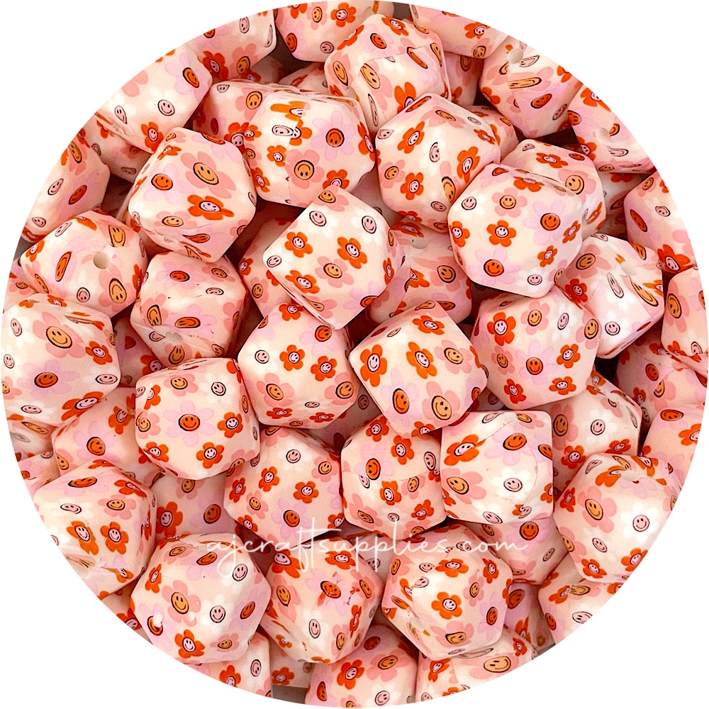 17mm hexagon Retro Daisy printed Silicone Beads