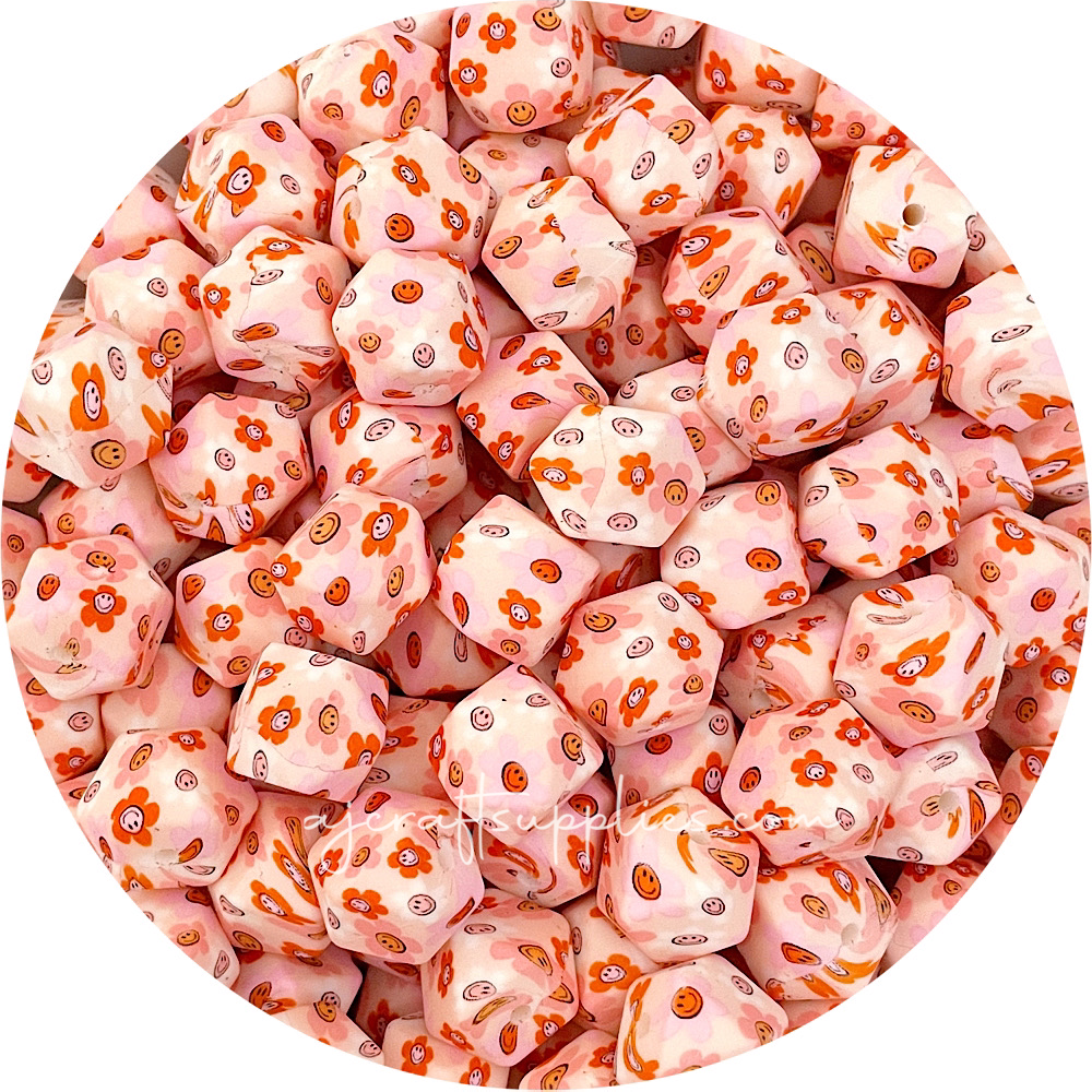Retro daisy printed silicone beads hexagon