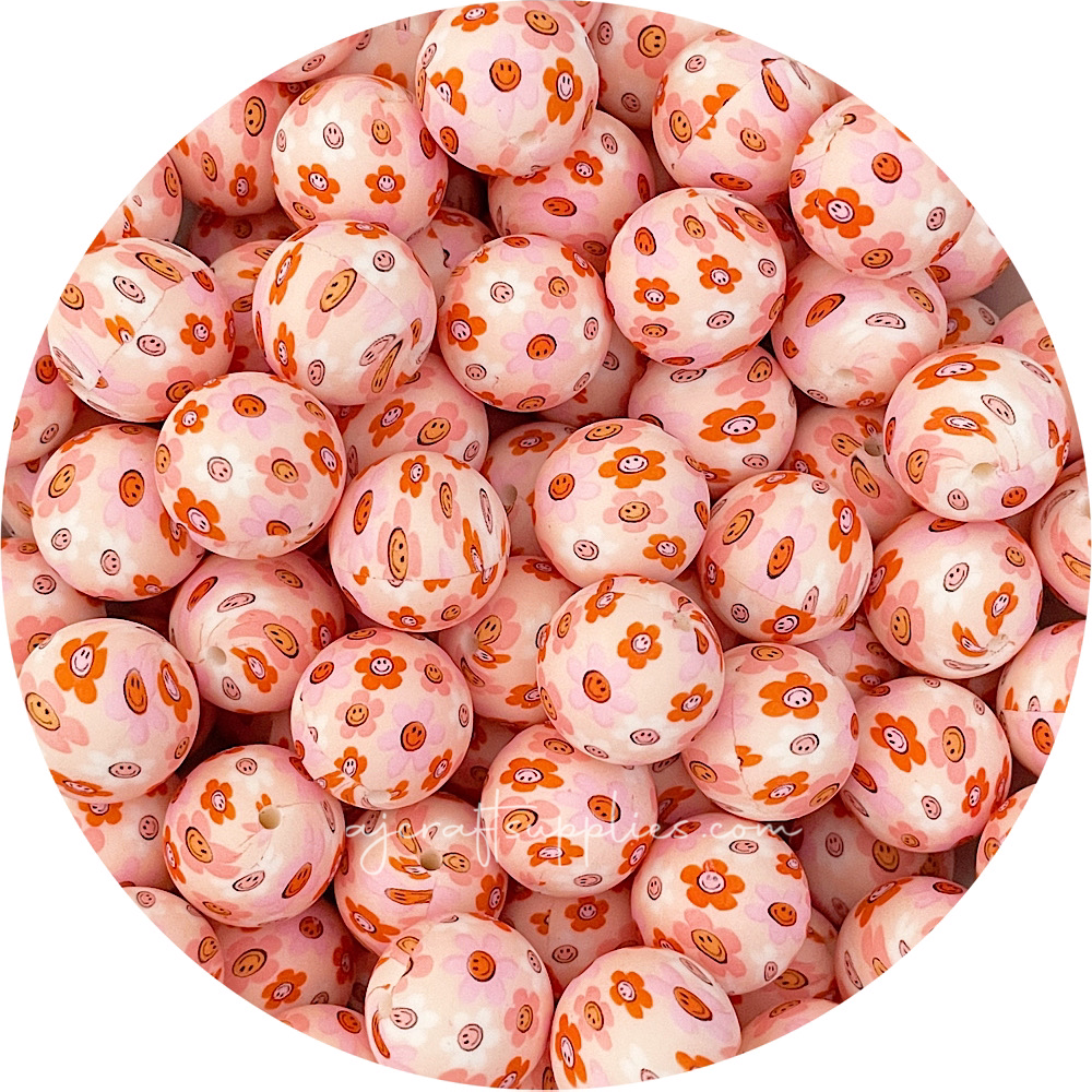19mm round printed silicone beads RETRO DAISY