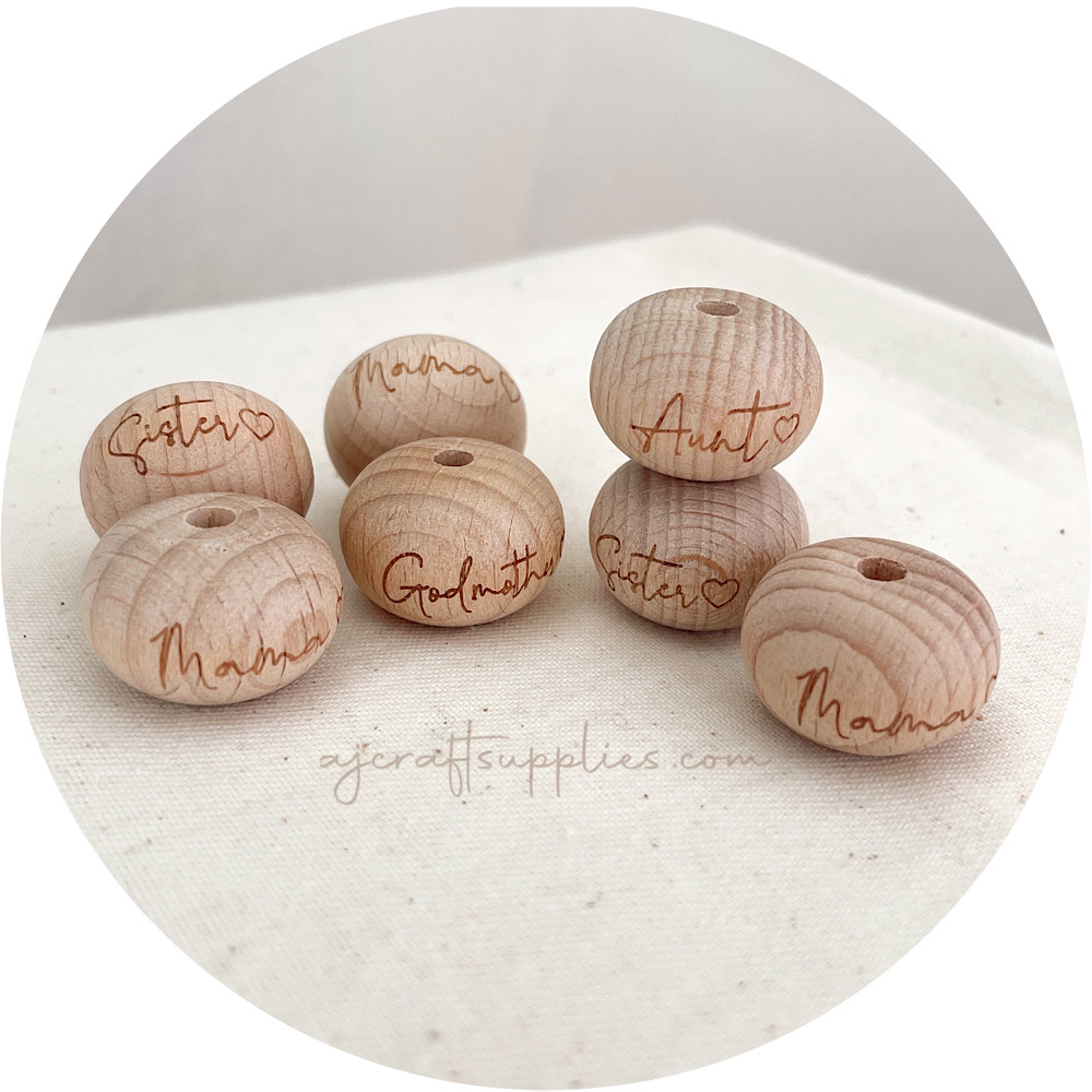 Beech Wood Engraved Beads (Mama, Grandma, Aunt, Godmother or Sister) - 22mm abacus - 5 Beads