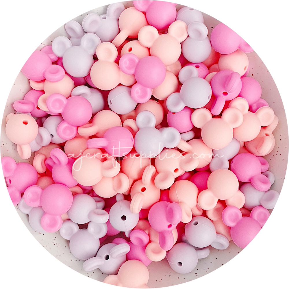 Bubblegum & Fairy Floss Mix - Mouse Head - Bubblegum, Candy Pink, Lilac - 15 Beads
